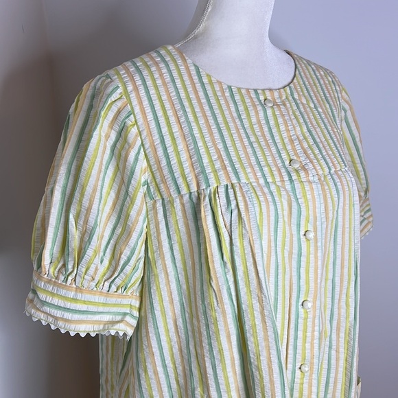 Vintage 60s 70s Seersucker House Coat Striped Lounge Dress Ric Rac Trim Mumu - Picture 4 of 14